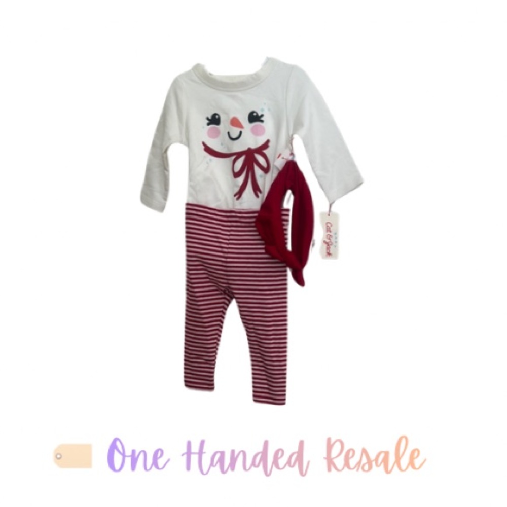 ☃️ Baby Cat & Jack Snowman Kids Holiday Winter Set w/ Hairband & Striped Pants 3